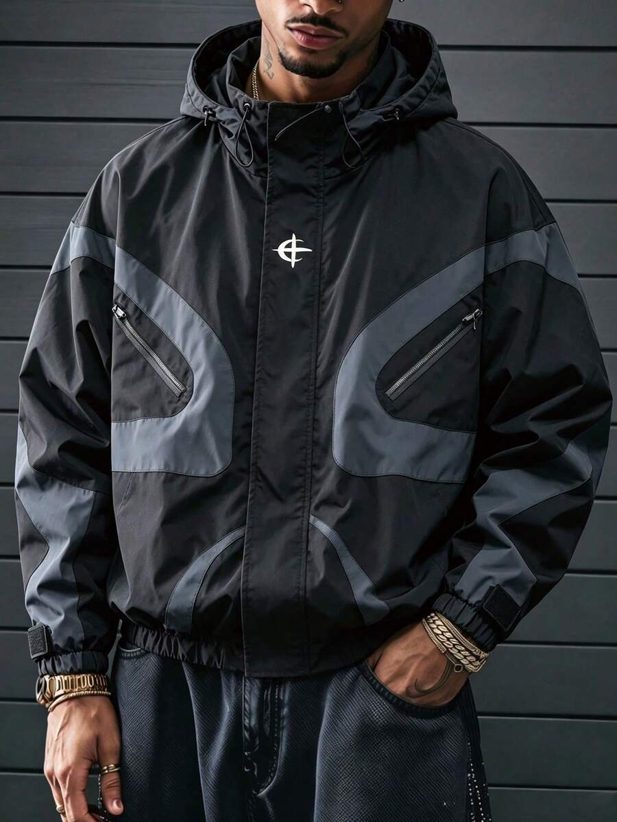 Jaket Olahraga Kasual Berkerudung untuk Pria, Cocok untuk Musim Gugur/Dingin - Hitam - View 1