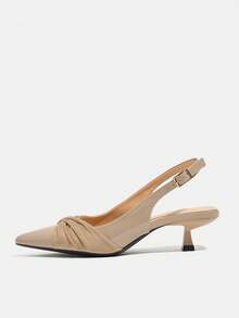 Women's Knot Decor Adjustable Buckle Back Strap Pointed Toe Kitten Heel Low Heel Elegant Nude Beige Mirror Velvet High Heel Pumps For Office Daily Date Spring Summer Autumn Winter - Apricot - View 6