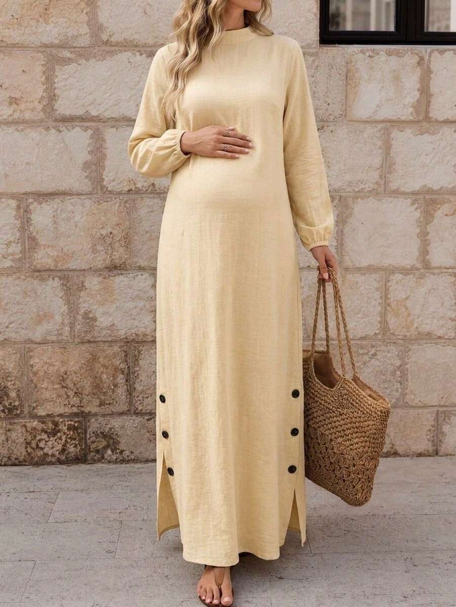 Apricot Maternity Maxi Dress - Non-Stretch Long Sleeve With Small Stand Collar And Side Button Design, Suitable For Baby Baptism, Photoshoot And Daily Wear - Apricot - View 1