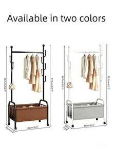 1pc Floor Standing Coat Rack With Wheels, Equipped With Storage Basket, Movable Floor Hanger, With Rollers And Side Hooks, Easy To Move, Space Saving, Sturdy Metal Hanger, Suitable For Bedroom And Entryway, 2 Colors Available - Multicolor - View 7