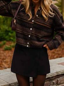 Women's Vintage Striped Knit Cardigan Sweater Jacket, Winter - Brown - View 7