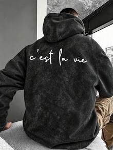 Men's C'est La Vie Slogan Hoodie, Minimalist Loose Fit Washed Pullover Sweatshirt - Black - View 4