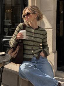 Women's Knit Button Front Long Sleeve Striped Cardigan Vintage Round Neck Fall Winter Sweater Top - Green - View 1