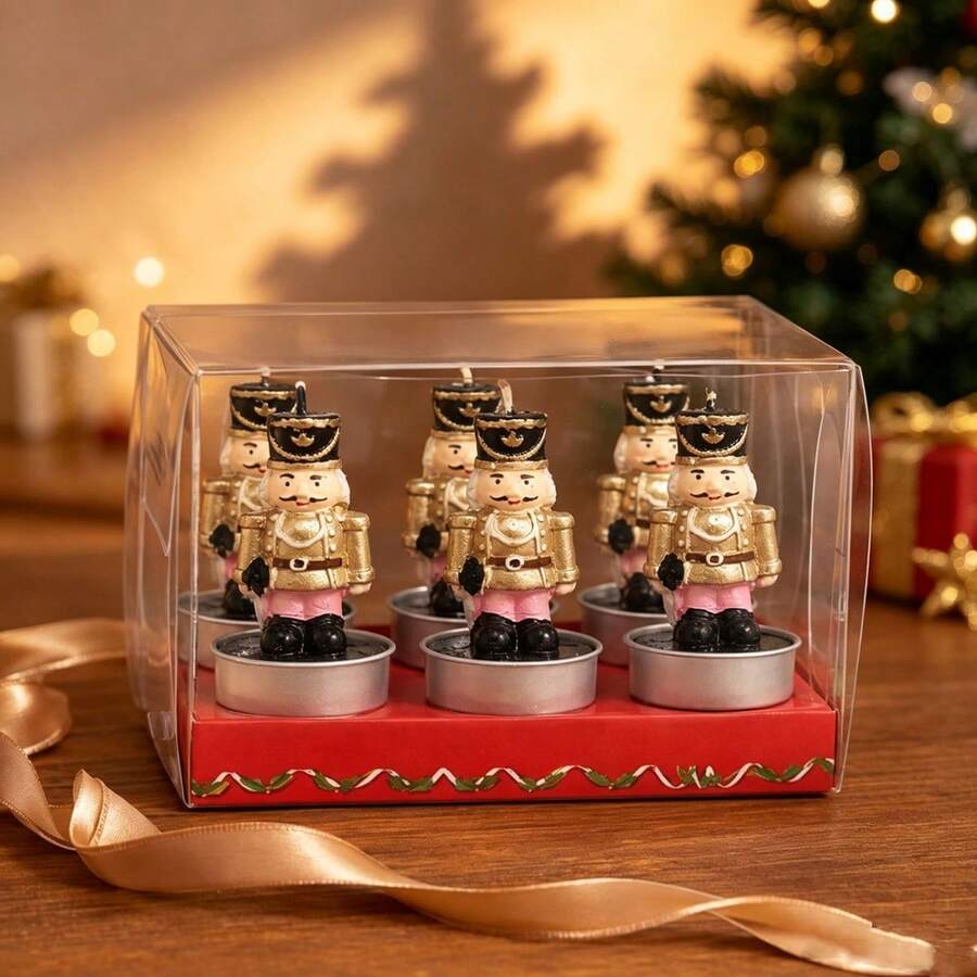 Set Of 6 Nutcracker Shaped Tea Light Candles Made Of Paraffin Wax, Gold And Pink Christmas Table Decor, Small Decorative Candles 5.8 Cm - 6Pcs - View 1