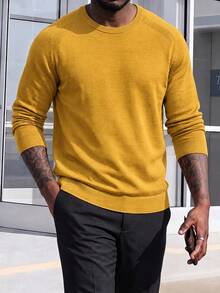 Men's Solid Color Raglan Knit Sweater, Minimalist Textured Crew Neck Long Sleeve Slightly Loose Fit Pullover Base Layer Top For Autumn/Winter - Yellow - View 8