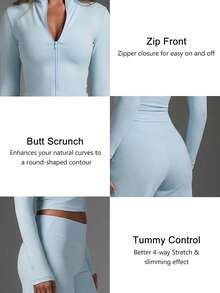طقم رياضي كاجوال نسائي من قطعتين بسحاب وأكمام طويلة، جاكيت قصير ضيق بلون سادة أساسي، بنطال واسع الساق بقصة فضفاضة وخصر متوسط، مناسب لتمارين البيلاتس والجري والنشاط الرياضي - أزرق فاتح اللون - مشاهدة 9