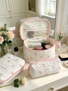 1pc Kawaii Quilted Cosmetics Bag Large Makeup Handbag Heart Pattern Beauty Pouch Portable Brushes Holder Pencil Case Lightweight Travel Toiletry Bags - Baby Pink - View 3