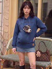 Wajib Dimiliki Bagi Pemilik Hewan Peliharaan, Hoodie Wanita Kasual Berbahan Fleece dengan Resleting dan Tali Serut, Potongan Longgar untuk Pakaian Sehari-hari, Musim Gugur dan Musim Dingin, Busana Musim Dingin - Navy Blue - View 6