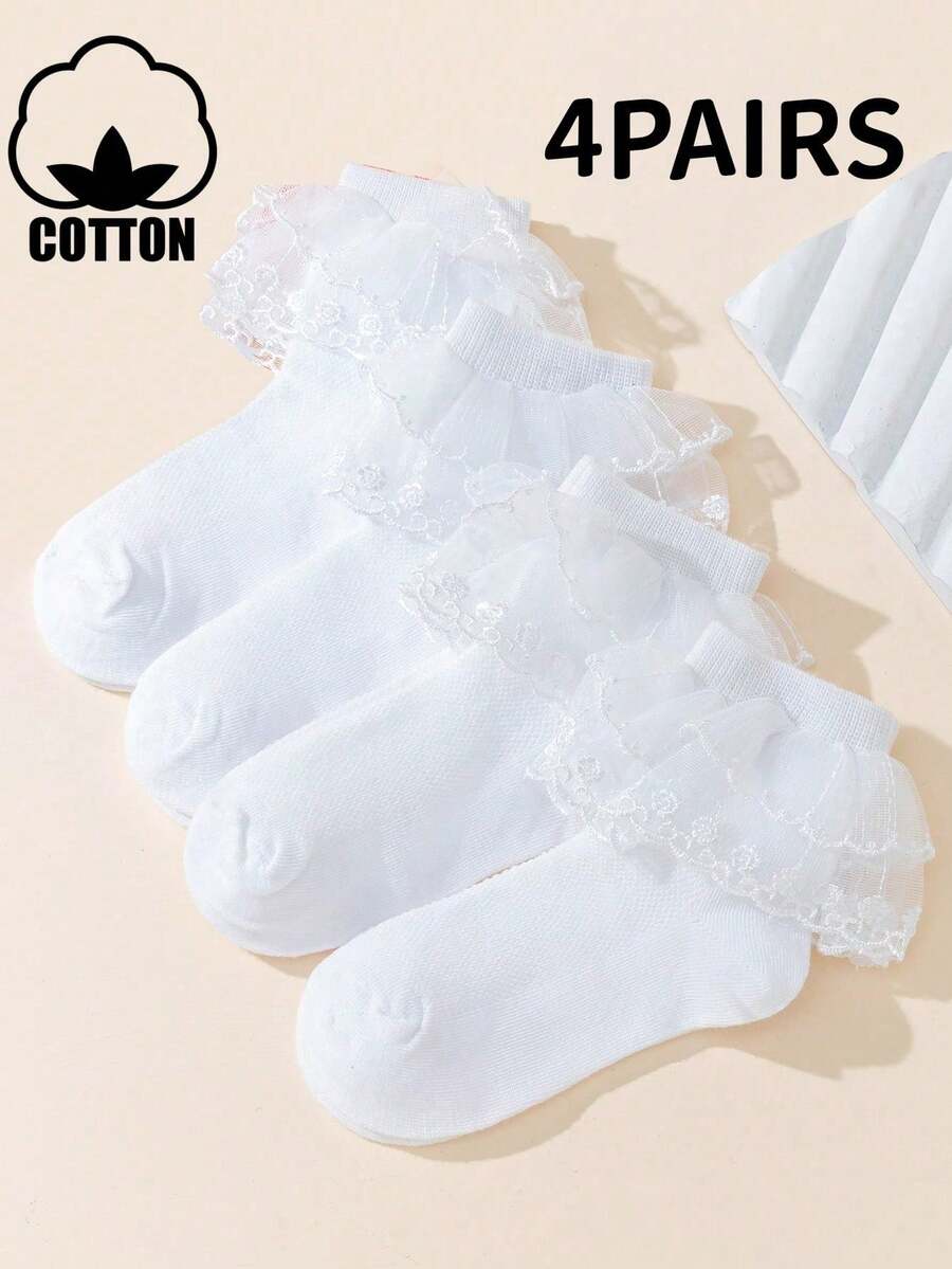 4 Pairs Girls' Cotton White Double-Layer Princess Ballet Lace Trim Ankle Socks - White - View 1
