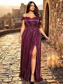 Plus Size Elegant Cold Shoulder Ruched Waist Metallic Thread High Slit A-Line Long Dress, Formal Evening Gown For Party, Wedding, Daily Wear - Hot Pink - View 7