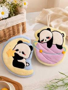 4/1 Double-Layer Cute Cartoon Panda Embroidered Hanging Hand Towel, Coral Fleece Super Absorbent Quick-Drying Hand Towel, Suitable For Bathroom And Kitchen Decoration, Can Be Used For Wiping Hands, As Heat Insulation Pad, Cleaning Bathroom And Kitchen Towel - Multicolor - View 4