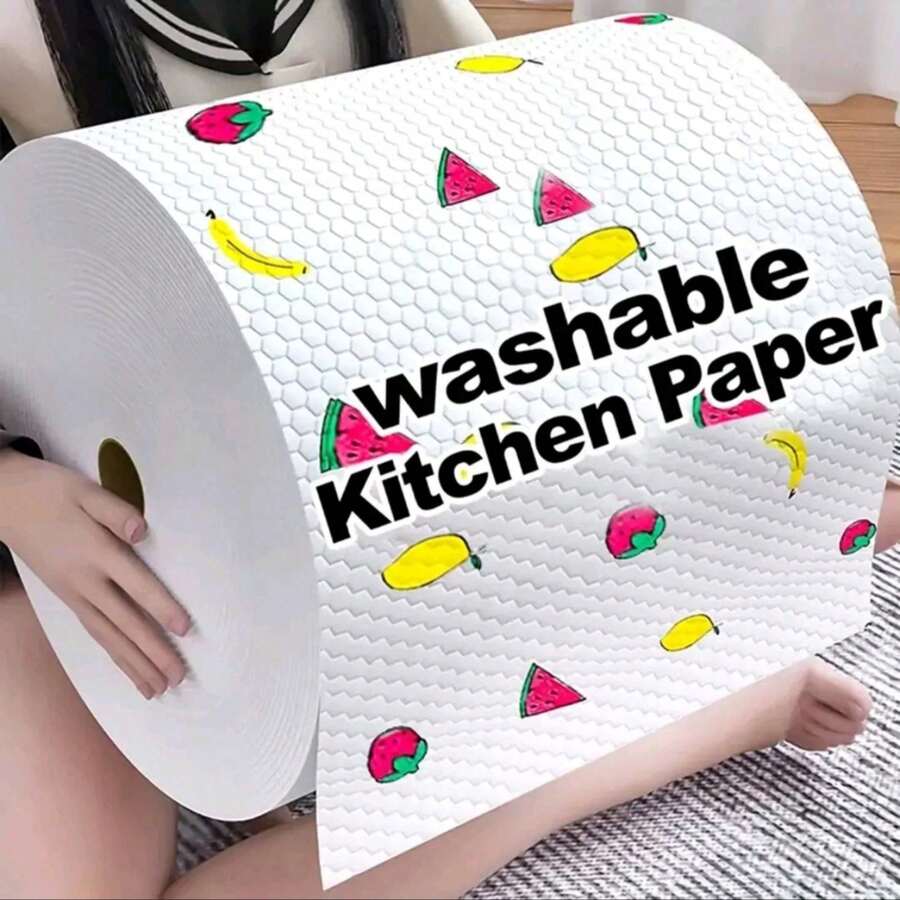 Washable Kitchen Paper Towels, Disposable Cleaning Wipes, High Absorbency, Non-Greasy, Roll Format, Random Pattern, Suitable For Kitchen, Car, Living Room, Bathroom, Bedroom And Other Places, Kitchen Cleaning Essential, Also Serves As Decoration - A - View 1