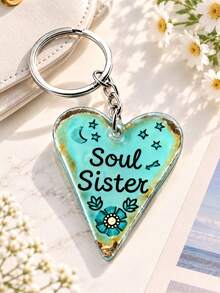 2D Flat, Soul Sister Heart-Shaped Keychain, Designed With Moon And Stars, Beautiful Blue Tones, Acrylic Material, Friendship Pendant, Bag Accessory - Multicolor - View 1