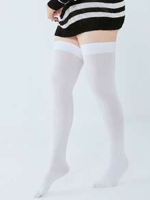 1 Pair Women's Velvet Thigh High Socks, Soft Stretch Thigh High Stockings, Stay-Up Elastic Cuff For Fall Winter, Party, Cosplay & Daily Wear - White - View 8