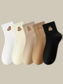 1/5 Pairs Women Merrald Color Cartoon Capybara Pattern Fashion Versatile Breathable Sweat-Absorbent Casual Home Cute Short Socks - Multicolor - View 11