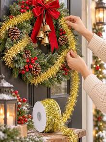 1pc/4pcs Christmas Tinsel Garland Roll Sparkle Metallic Foil Ribbon For Christmas Tree Decoration Gift Wrapping Present Box Bow Making Holiday Party Supplies Diy Craft Decor Silver Gold Red Green - Christmas Decorative Ribbon - View 11