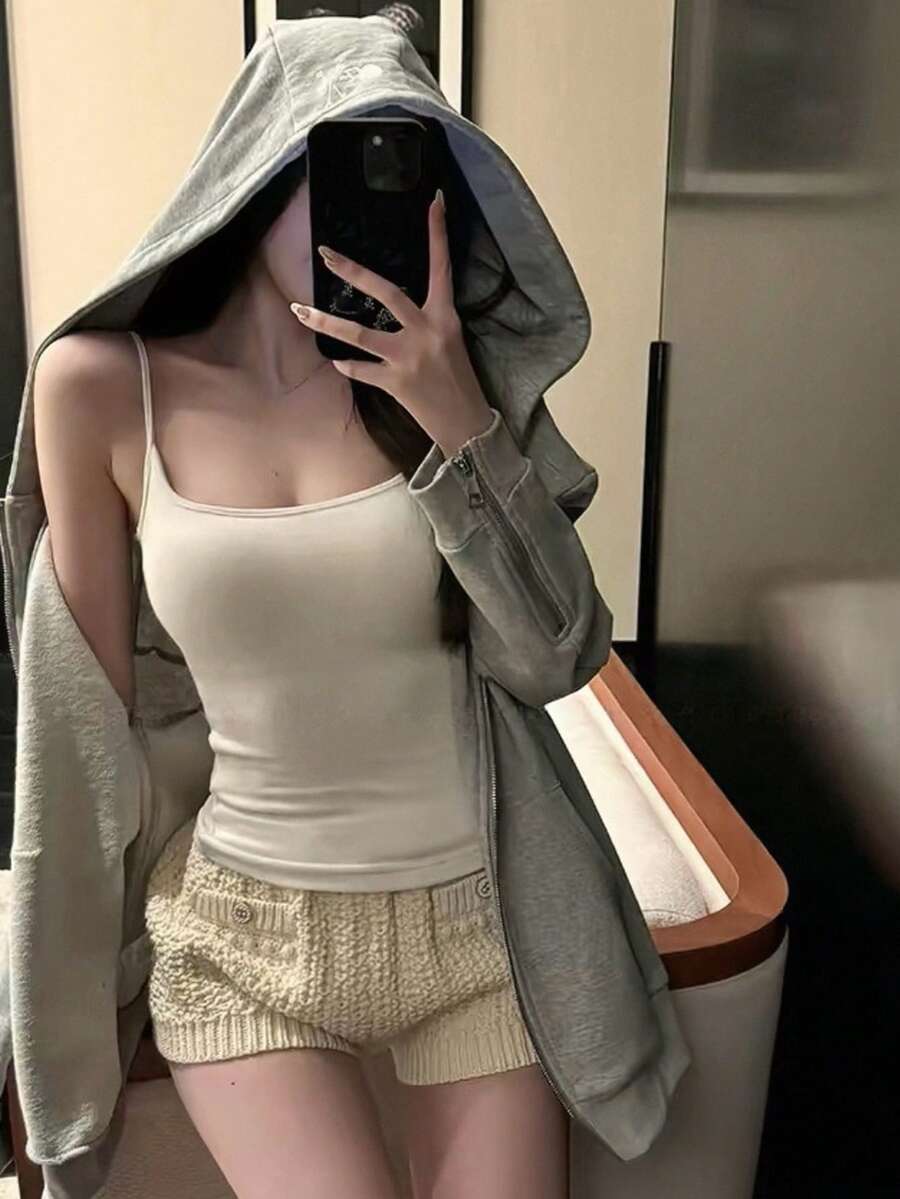 Sexy Padded Camisole Tank Top For Women, Slim Fit Waist, Brushed Fabric, Autumn/Winter Innerwear - Apricot - View 1
