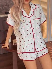 2pcs Women's Comfortable Red Heart Print Short Sleeve Collared Top And Shorts Pajama Set, Suitable For All Seasons - White - View 1