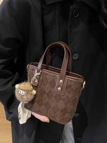 Handbag, Small Square Shape, With Dual Short Handles, Body Features Diamond Quilted Embossed Pattern, Decorated With Cute Charms, Can Be Added Shoulder Strap For Crossbody. Bag Capacity Suitable For Storing Small Personal Items, Dual-Use For Handheld And Crossbody, Exquisite And Minimalist Design, Suitable For Daily Outings. - Coffee - View 5