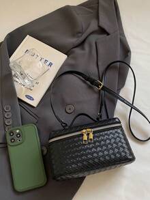 Woven Texture Decor Large Capacity Portable Dual Zipper Closure Vintage Luxury Style Handheld Box Bag, Suitable For Daily Commute, Dating, Girls Crossbody Small Bag, Versatile Personalized High-End Feel Makeup Pouch Fashion Item - Black - View 11