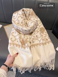 1件仿羊絨佩斯利花卉植物刺繡柔軟圍巾，厚實保暖披肩斗篷，適合女性，秋冬季，波希米亞風，旅行，流蘇刺繡，適合作為女性和媽媽的禮物 - 米色 - 查看 1