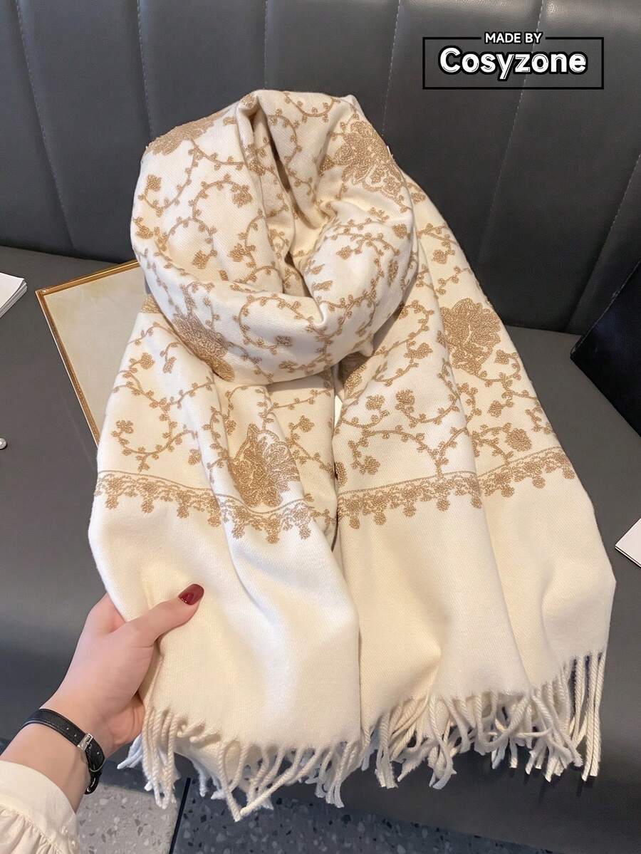 1件仿羊絨佩斯利花卉植物刺繡柔軟圍巾,厚實保暖披肩斗篷,適合女性,秋冬季,波希米亞風,旅行,流蘇刺繡,適合作為女性和媽媽的禮物 - 米色 - 查看 1