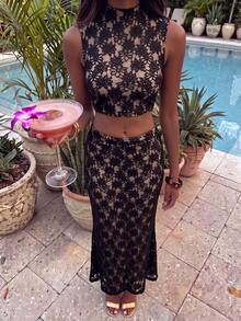 Women's Elegant Sexy Lace 2 Pieces Set - Sleeveless Stand Collar Backless Top & Flared Mermaid Skirt, Suitable For Outings, Holidays - Black - View 8