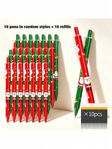 20 PCS Christmas Themed Push-Type Ballpoint Pen Set, 0.5mm Black Ink, Includes 10 Random Pens + 10 Refills, Suitable For School, Great Christmas Gift - Multicolor - View 5