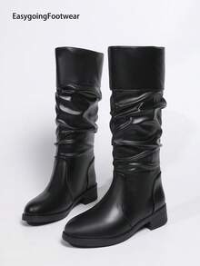 Women's Fashion Ruched Round Toe Low Chunky Heel Casual Mid-Calf Boots - Black - View 2
