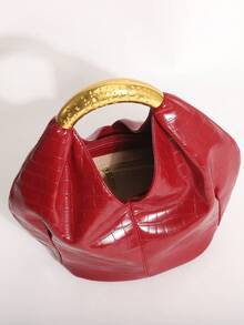 1pc Red Stone Texture Embossed PU Ruffled Design Vintage Metal Hardware Handbag, Exquisite Fashion Zipper Bucket Bag, Suitable For Commuting And Shopping - Red - View 7