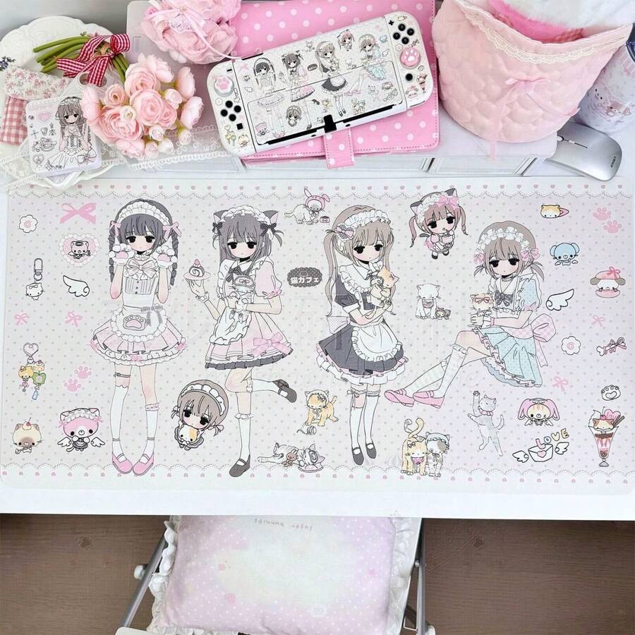 1pc Kawaii Japanese Style Maid Girls PU Leather Desk Mat, Cute Cartoon Character Large Waterproof Mouse Pad, Non-Slip Waterproof Stain-Resistant Desktop Protector, Lovely Table Decor For Girls Bedroom - View 1