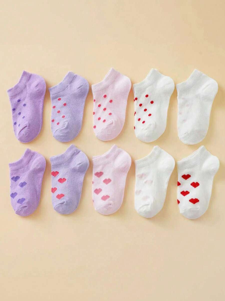 10 Pairs Baby Heart Polka Dot Boat Socks, Cute Soft Solid Color Socks Suitable For Infants And Toddlers Daily Wear - Mauve Purple - View 1