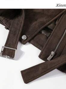 Veste courte en daim vintage cool 2026 nouveau style col montant polyvalente veste de moto élégante voyage décontracté vacances - Marron - Voir 4