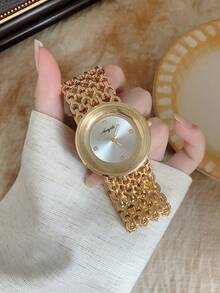 Fashion Women's Quartz Watch, Large Round White Dial, Wide Hollow Strap, Rhinestone Hour Markers, Suitable For Social Occasions - Gold - View 6