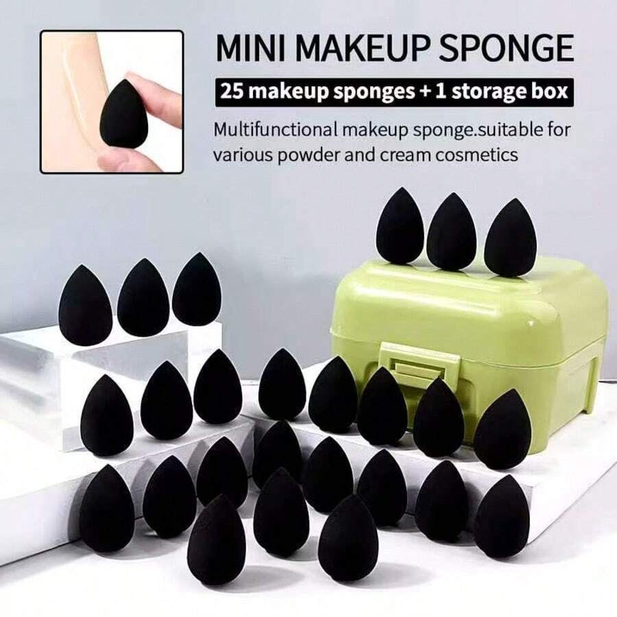 26pcs Black Mini Makeup Sponge Set With Storage Box, Dry & Wet Dual Use Makeup Sponge, Water Drop Shaped Powder Puff, Suitable For Foundation And Concealer, Compact And Portable, Essential Travel Makeup Tool - Multicolor - View 1