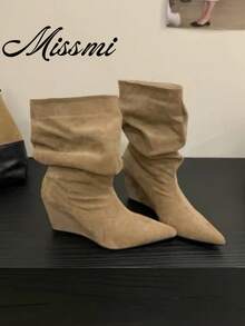 新款小貓跟抓皺高筒疊層靴 尖頭過膝長靴 復古寬筒騎馬靴 - 棕色 - 查看 1