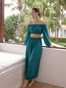 Women's Summer Pajama Set, Fashion Solid Color Sexy Off-Shoulder Long Sleeve Top With Lace,Loose Comfortable Loungewear 2-Piece Set - Green - View 3