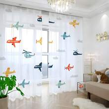 2pcs Airplane & Cloud Print Sheer Curtains, Cartoon Style, Children's Bedroom Curtains, Rod Pocket Polyester Material, Home Decor - Multicolor - View 10