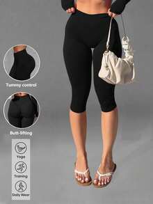 1pc Women's Seamless Elastic High Waist Tummy Control Butt Lifting Shaping Casual Sports Capris - Black - View 2
