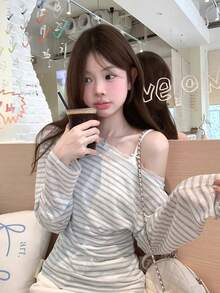 Design Lace Trim One Shoulder Fitted Cover-Up Top Women Autumn New Style Lazy Korean Striped Long Sleeve T-Shirt - Blue and White - View 4