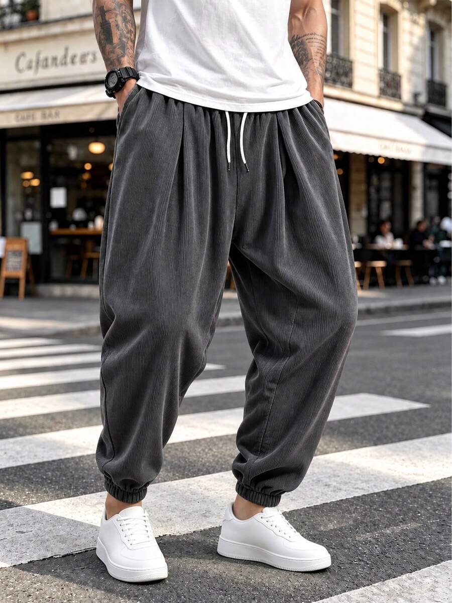 Spring/Autumn Vintage Corduroy Lantern Pants Loose Drop Crotch Drawstring Waist Men's Streetwear Versatile Tapered Leg Long Pants - Dusty Blue - View 1