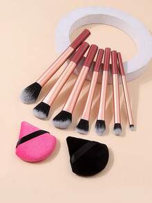 9pcs Makeup Brush Set With Powder Brush, Eyeshadow Brush, Contour Brush, Blush Brush, Blending Brush, Triangle Powder Puff, Full Set Of Makeup Tools, Essential For Beginners - Red - View 9