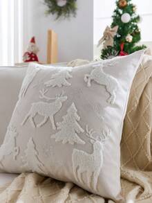 1pc Christmas Tree Embroidered Pillow Case, Christmas Reindeer Pillow Case, Suitable For Indoor Decoration, Christmas Decoration, All-Season Pillow Case, Without Insert - Beige - View 6