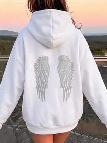 SCARLUX Women Y2K Loose Fit Hooded Sweatshirt, Angel Wings Print On Back, Winter Back To School Daily Commute Wear - White - View 4