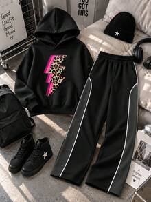Tween Girl Black Leopard Print Lightning Fleece Lined Thick Sweatshirt 2 Pieces Set, Long Sleeve Hooded Top + Color Block Curved Patchwork Trim Wide Leg Sweatpants, Girls Autumn/Winter Warm Casual Outfit For Streetwear, School And Daily Wear - Black - View 4