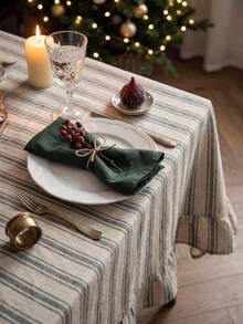 1pc Grey And White Classic Fine Striped Tablecloth, Traditional Country Style Rectangular With Scalloped Edge And Pleated Details, Stain-Resistant Protective Table Cover, Functional Home Long Tablecloth Suitable For Christmas Family Gatherings And Winter Holiday Dining Room Decor - Grey - View 4