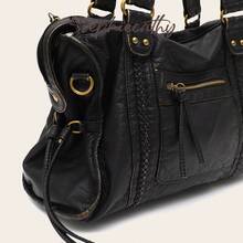STEPHIECATHY Unisex Retro Casual Chic Street Style Washed PU Leather Tote Bag, Zipper Closure, Multi-Functional Pockets, - Black - View 3