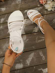 2026 Summer New Flat Soft Sole Soft Upper Fashion Versatile Woven Elastic Beach Open Toe Sandals - White - View 2