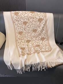 1件仿羊絨佩斯利花卉植物刺繡柔軟圍巾，厚實保暖披肩斗篷，適合女性，秋冬季，波希米亞風，旅行，流蘇刺繡，適合作為女性和媽媽的禮物 - 米色 - 查看 2