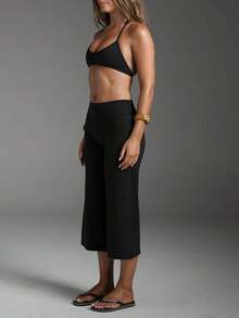 High Waist Wide Leg Capri Pants, Casual Pure Black Loose Capri Pants, Comfortable Slimming Versatile Sports Summer Style - Black - View 4